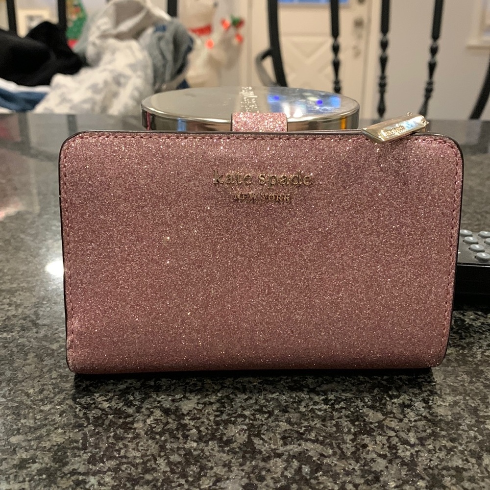 Beautiful pink sparkle gold hardware Kate spade trifold wallet